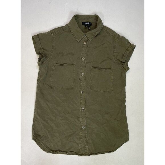 Paige Button Up Shirt Women XS Olive Green Pocket Short Sleeve - Picture 1 of 6